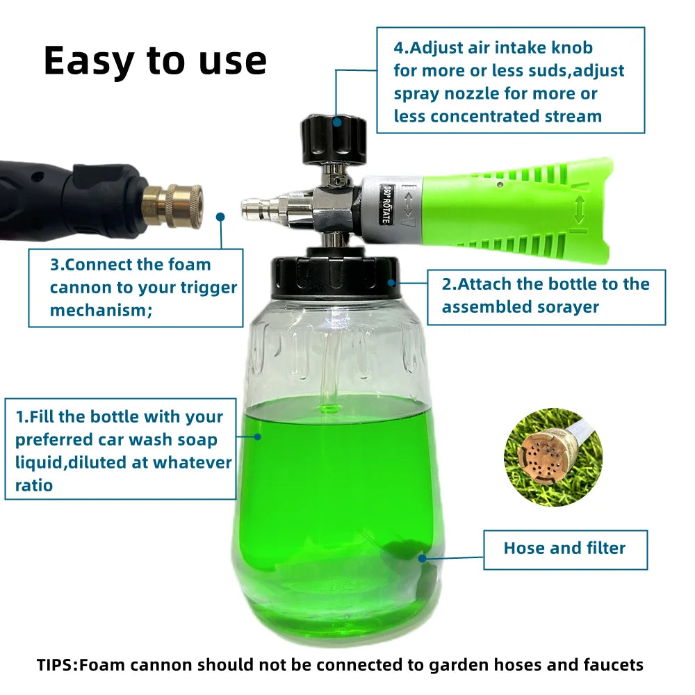 1pc Green Foam Cannon / 1000ml Transparent Bottle - Snow Foam Lance Kit, High Pressure Car Washer Accessory 1/4 Quick Connect &