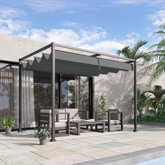 3 x 2m Metal Outdoor Pergola with Retractable Roof, Outdoor Gazebo Canopy Shelter with Drainage Holes for Garden, Patio, Lawn, Grey-1